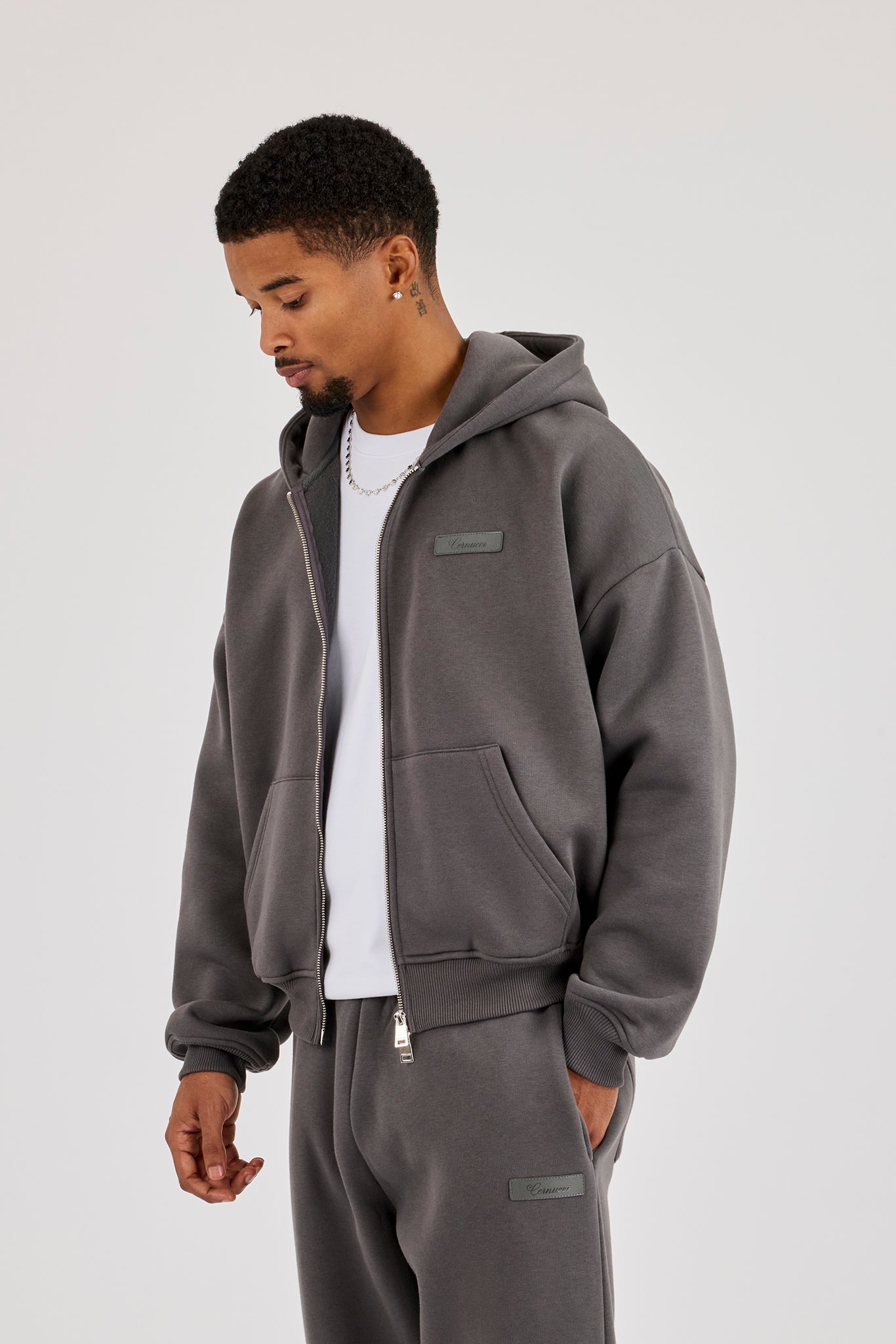Logo Tab Boxy Zip Hoodie & Relaxed Jogger -Charcoal